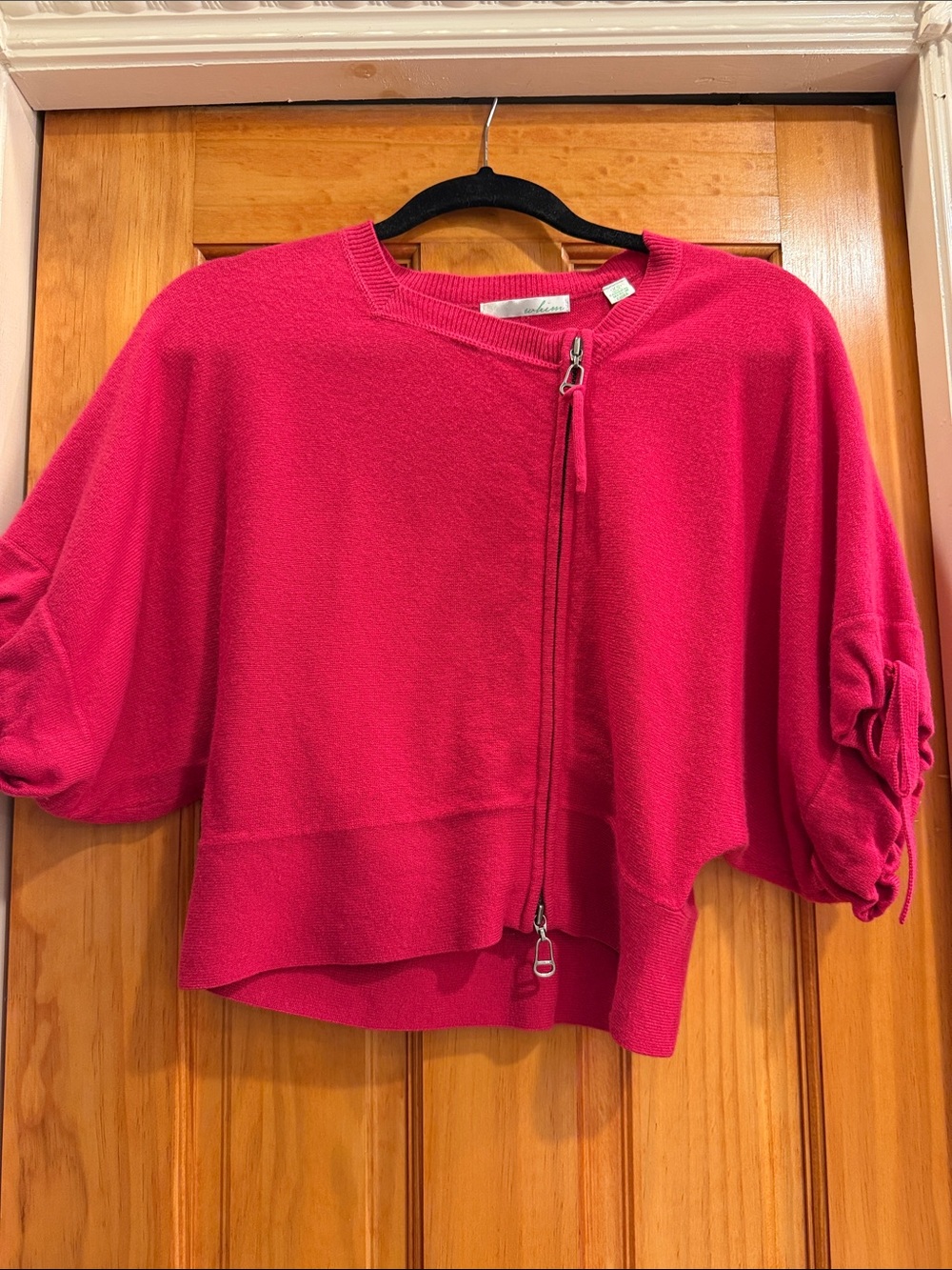 Fuchsia Zip-Front Knit Cardigan with Ruched Sleeves